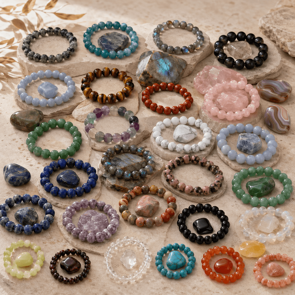 Bracelets et pierres naturelles présentés comme une sélection éditoriale